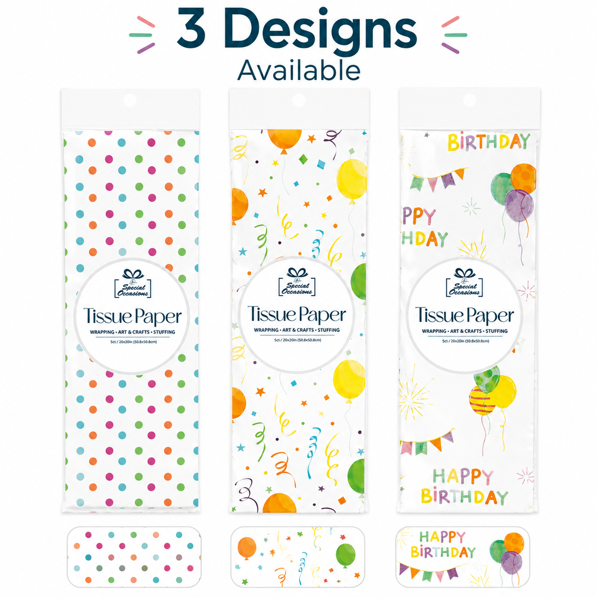 Birthday Tissue Paper, 5 Sheets, 20x20in - 3 Designs
