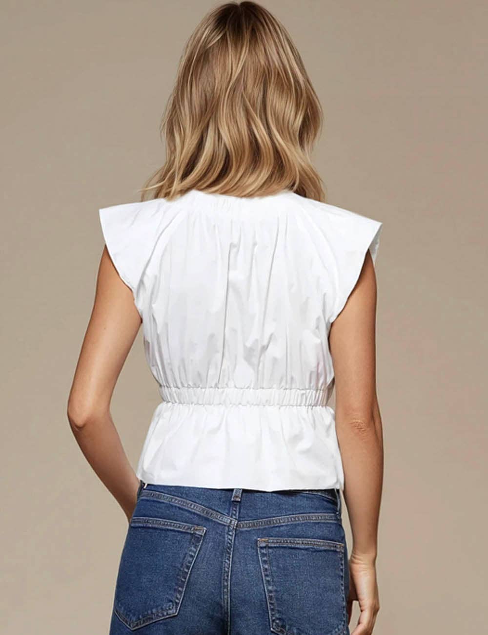 Ladies V-neck Waist Bowtie Sleeveless White Top SKT51005