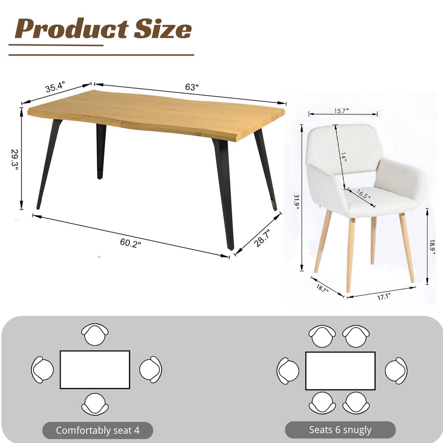 5-Piece Dining Set-63" Wave-Edge Table and Chair Options