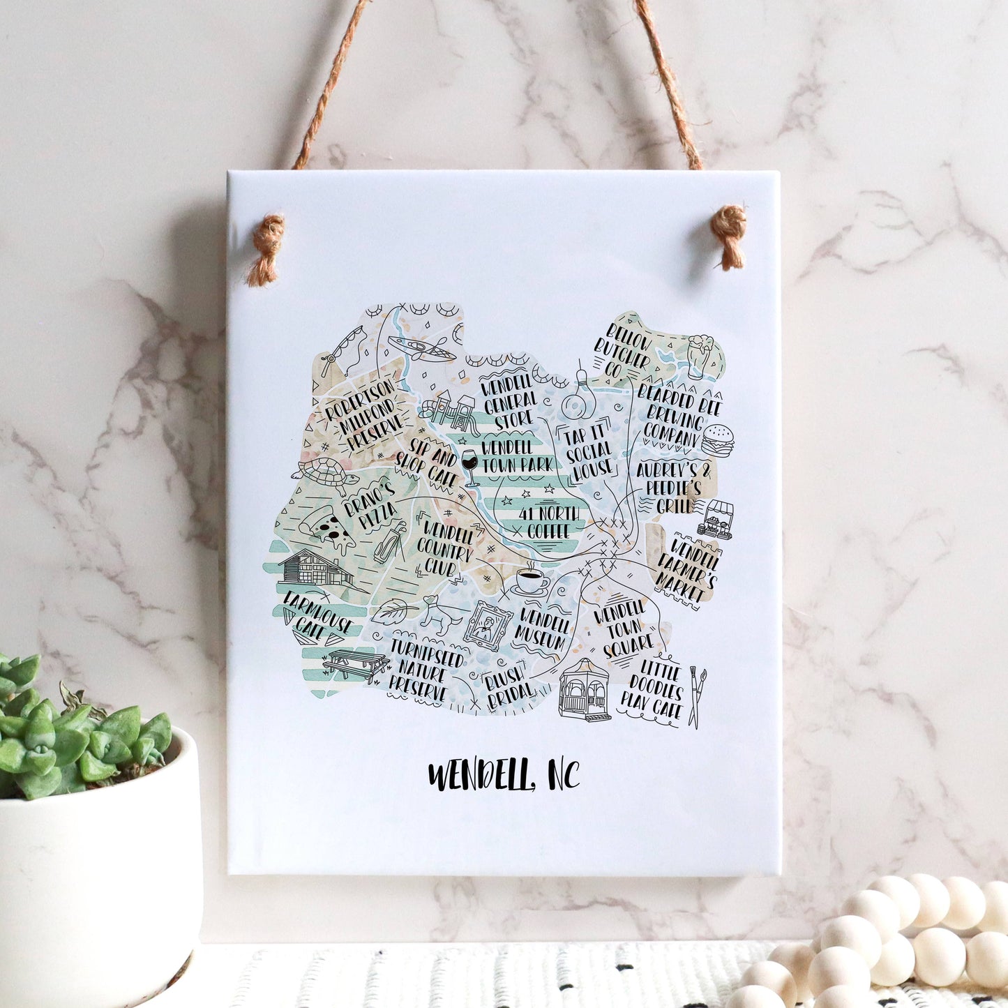Wendell North Carolina landmark map tile sign, hand drawn