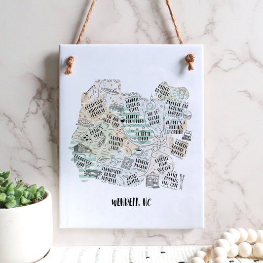 Wendell North Carolina landmark map tile sign, hand drawn