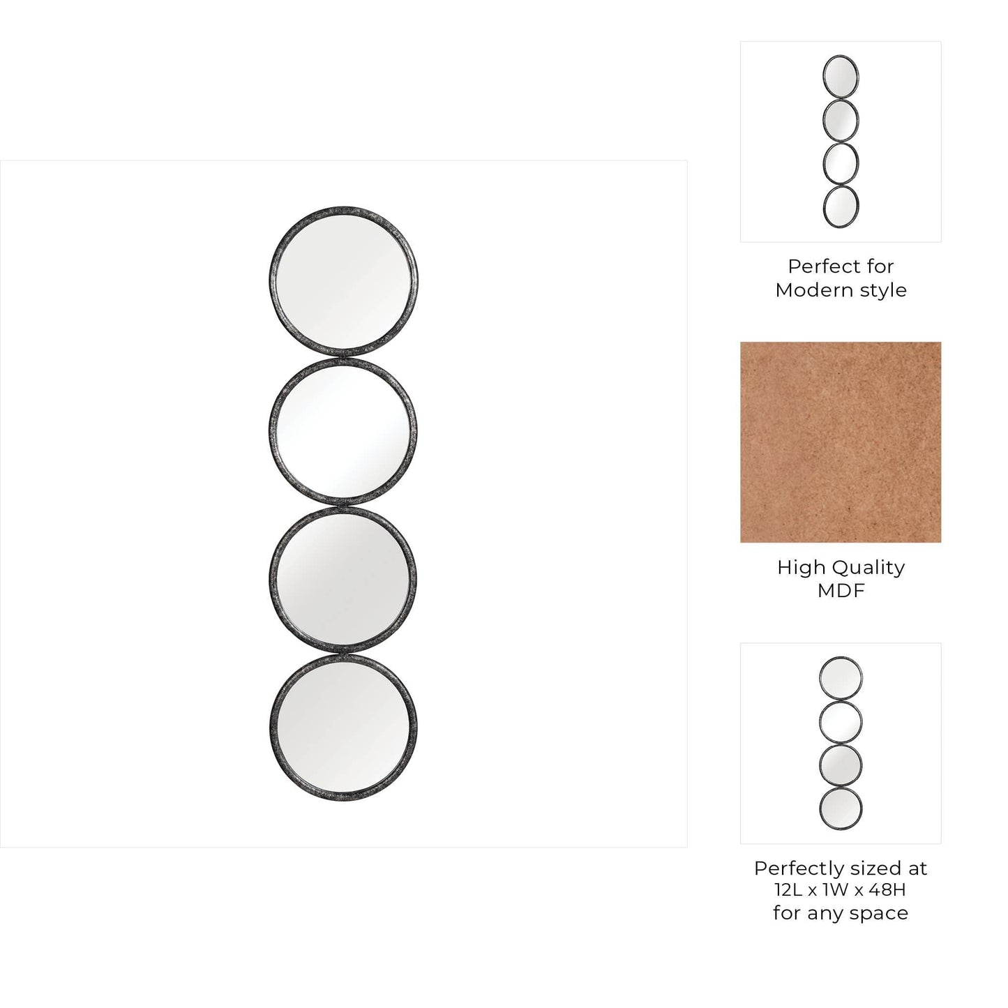 Wood Modern Four Circles Wall Mirror - Black, 48 in.