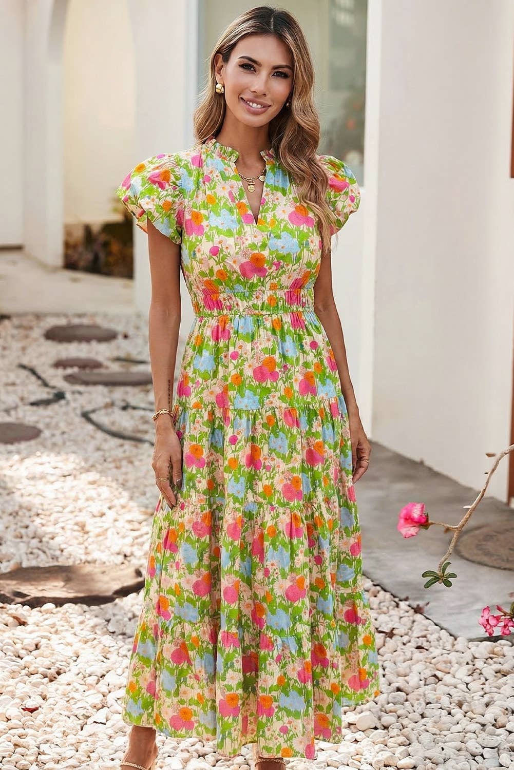 LDC Floral Print V Neck Short Puff Sleeve Maxi Dress