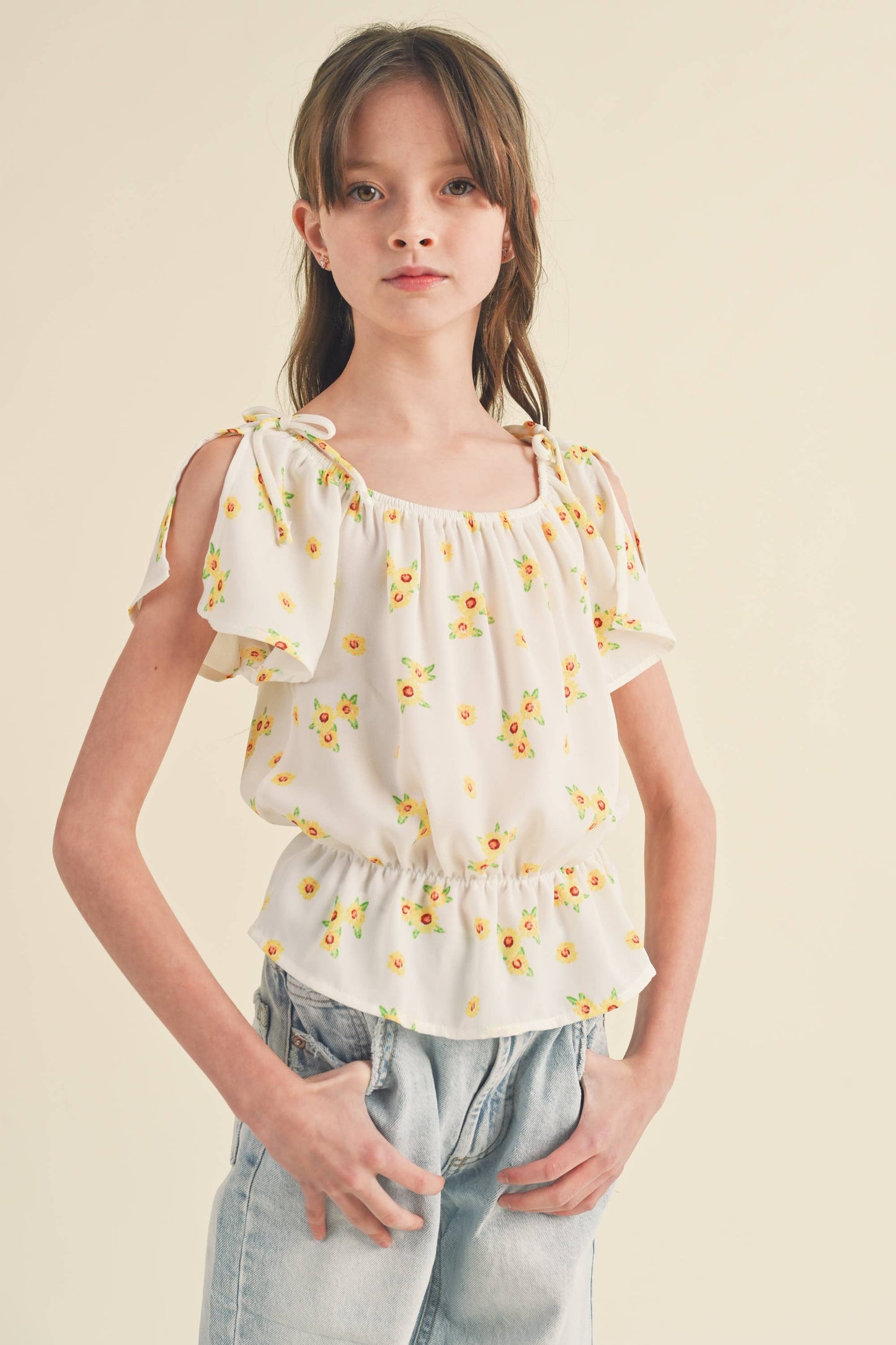 SPLIT SLEEVE PEPLUM TOP FLORAL KT2102IV (7-14)