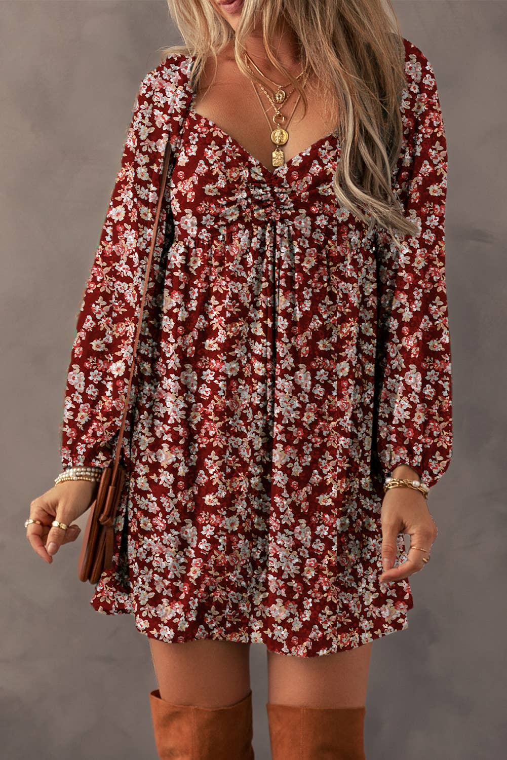 LDC Drawstring Ruched Sweetheart Neck Floral Mini Dress