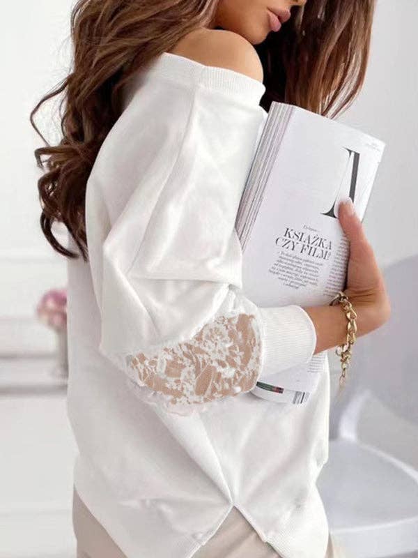 Long Sleeves Loose Mesh Solid Color Split-Joint Round-Neck T-Shirts Tops