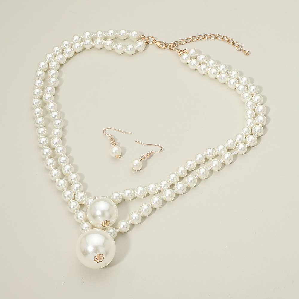 Pearl Ball Drop Beaded Double Layered Statement Necklace