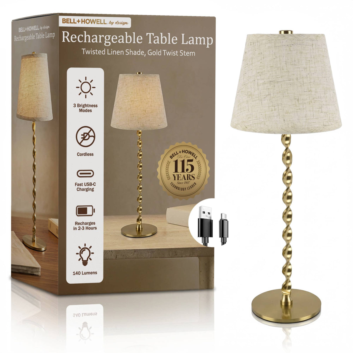 Twisted Linen Shade, Gold Twist Stem, Cordless LED Lamp