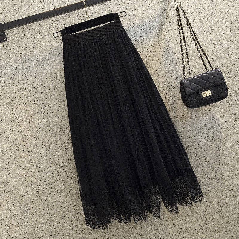 Lace Patchwork Pleated Velvet Midi Skirt
