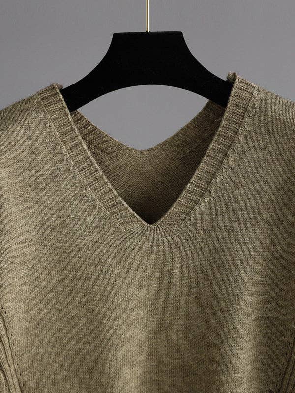 Urban Loose Solid Color V-Neck Sweater Tops& Wide Leg  Pants Suits