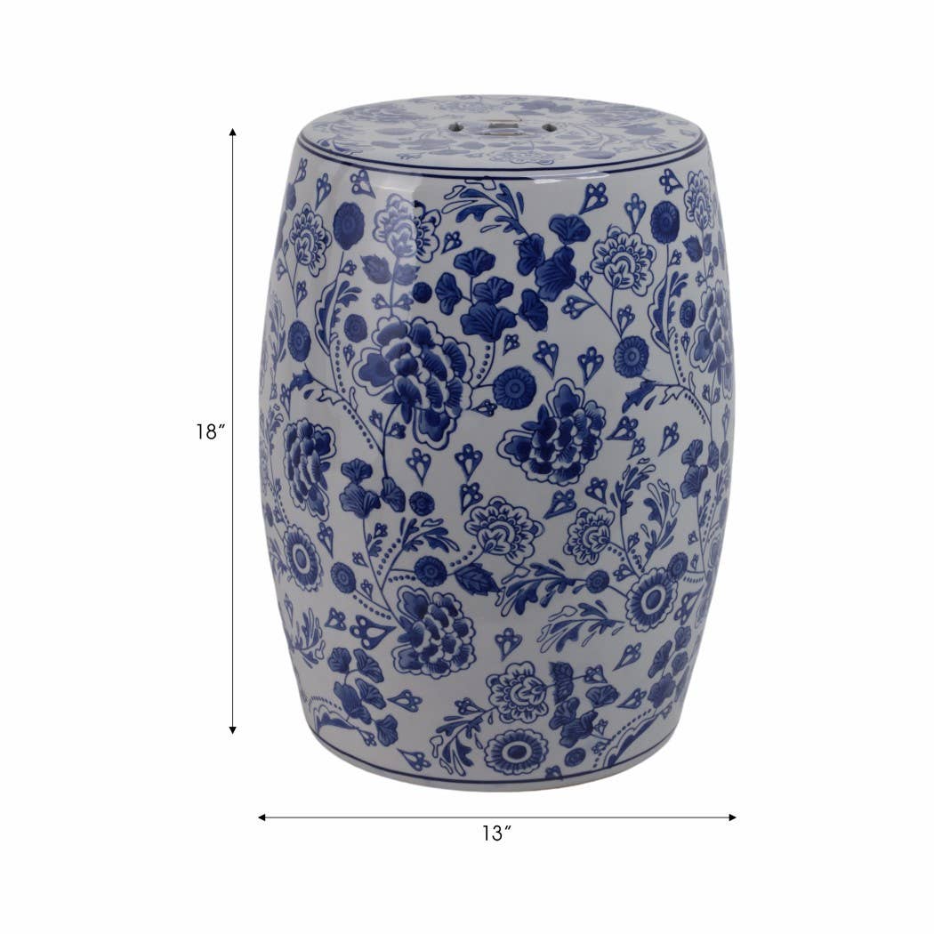 Ceramic Elegant Hydrangea Chinoiserie Stool - Blue, 17 in.