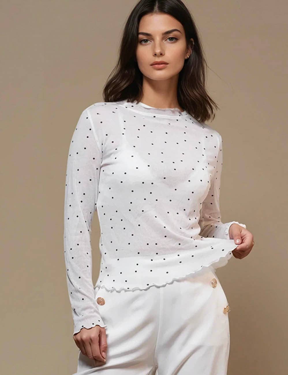 Ladies Dot Print See Sheer Layring Top SKT50744