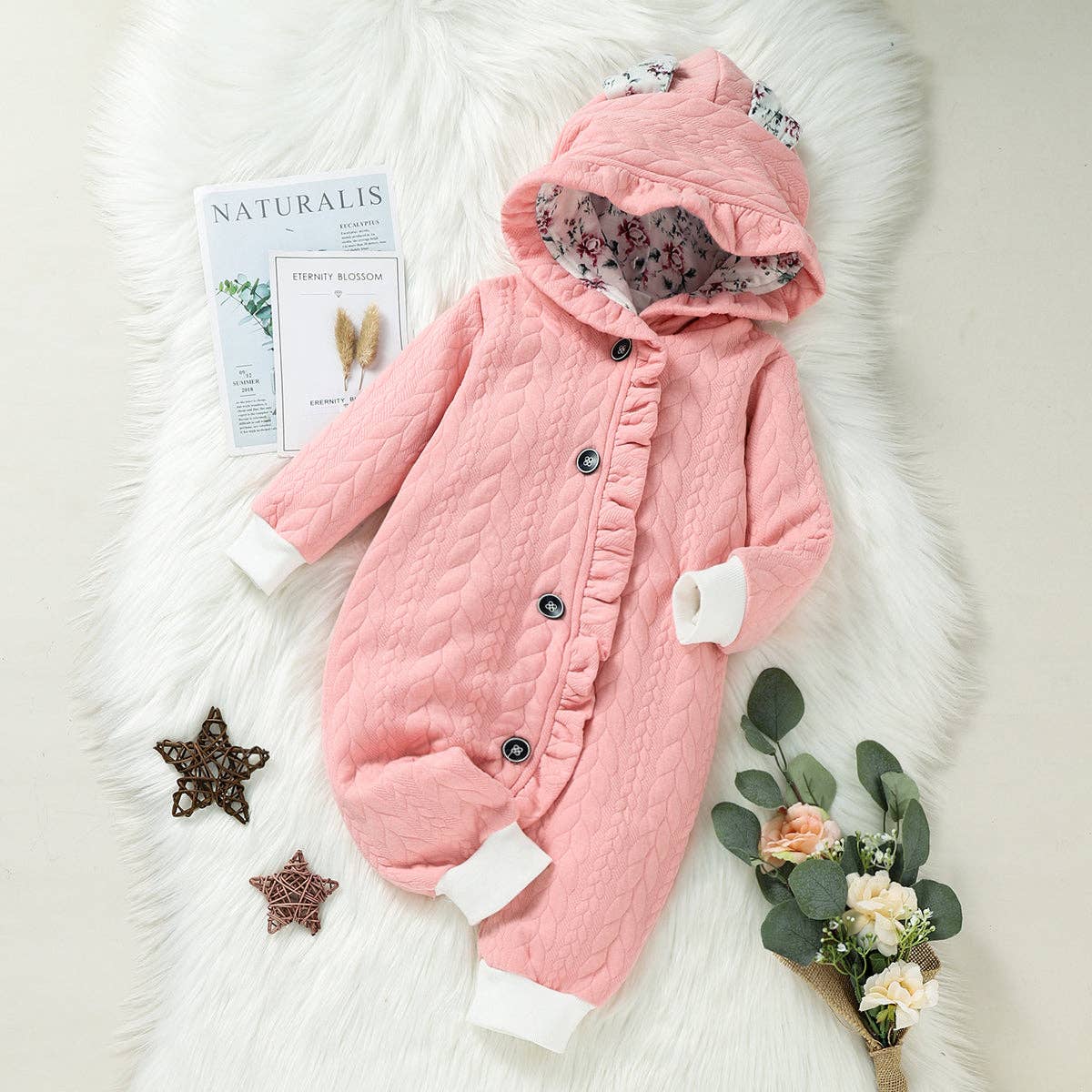 Hooded Baby Onesie with 3D Ears & Thick Lining