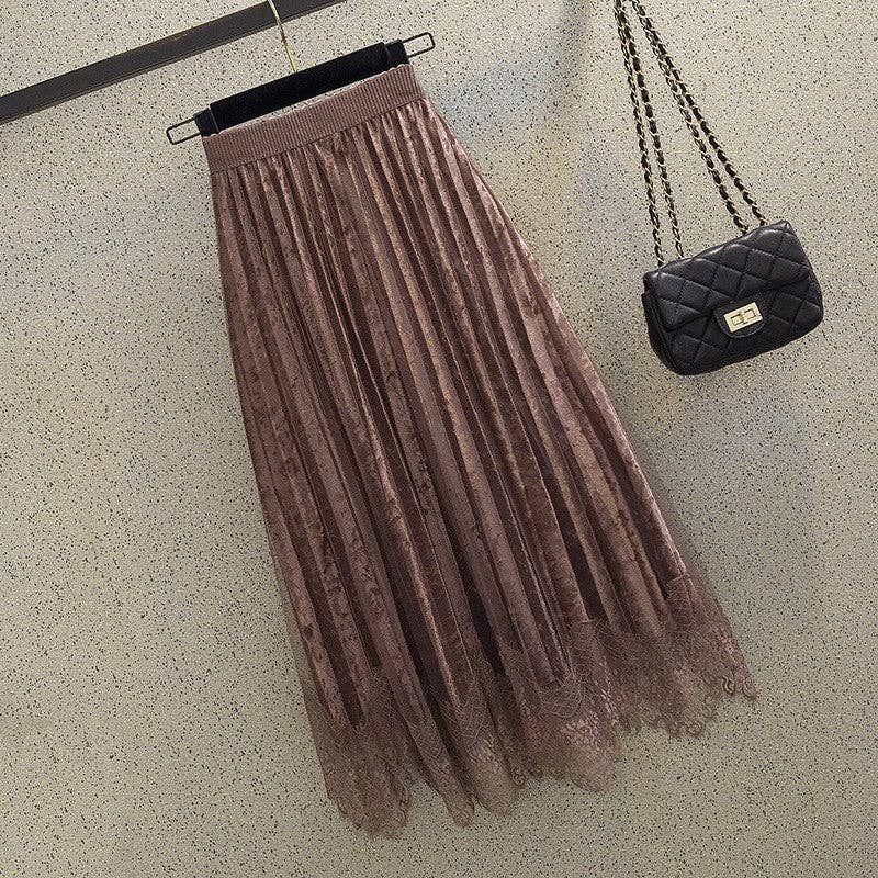Lace Patchwork Pleated Velvet Midi Skirt