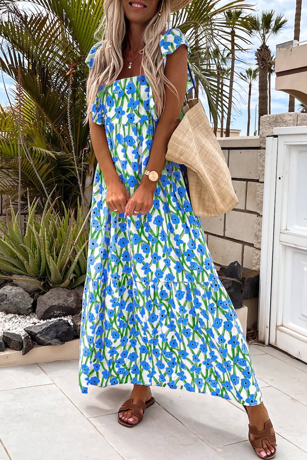 Plus Size Ruffle Trim Square Neck Floral Maxi Dress (S-4X)