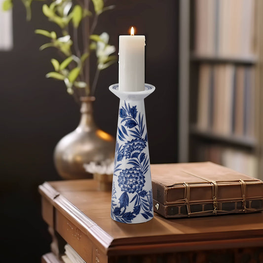 Blue/White 12 in. Porcelain Chinoiserie Candle Holder