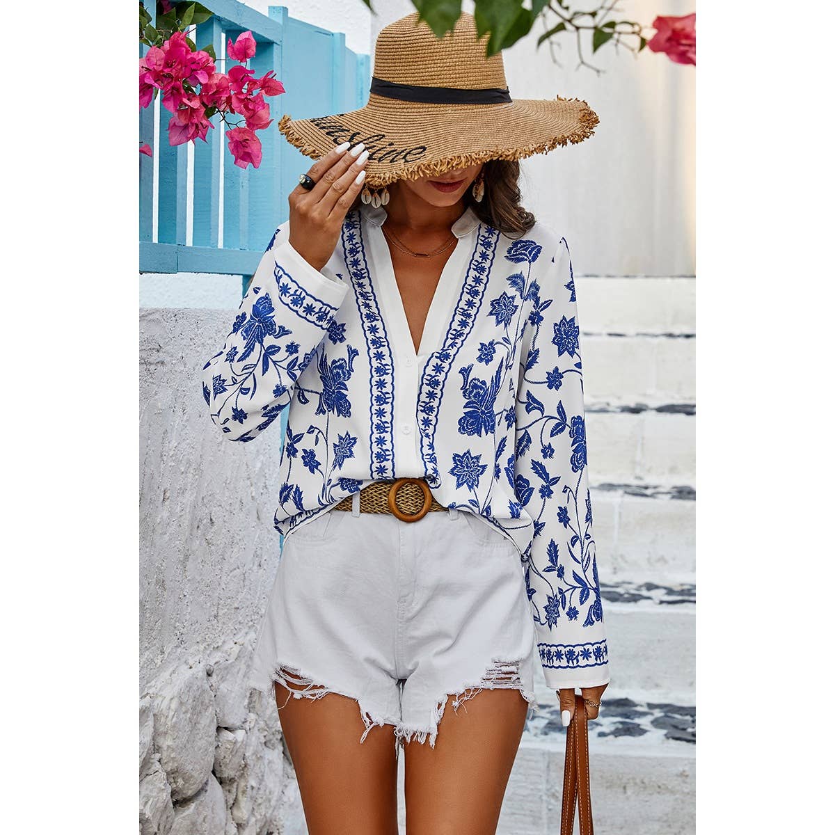 Floral Print Deep V Loose Fit Long Sleeves Blouse