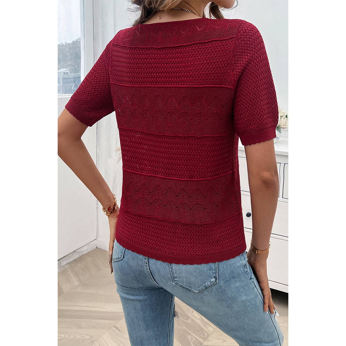 Crew Neck Hollow Lightweight Weaved Sweater Shirt