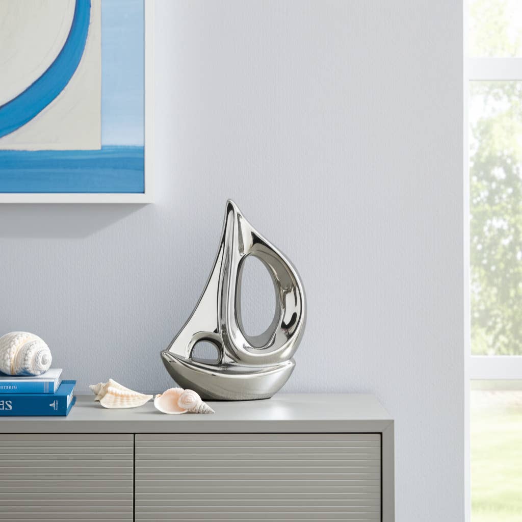 Ceramic Coastal Sailboat Sculpture Decor - Silver, 8 in.