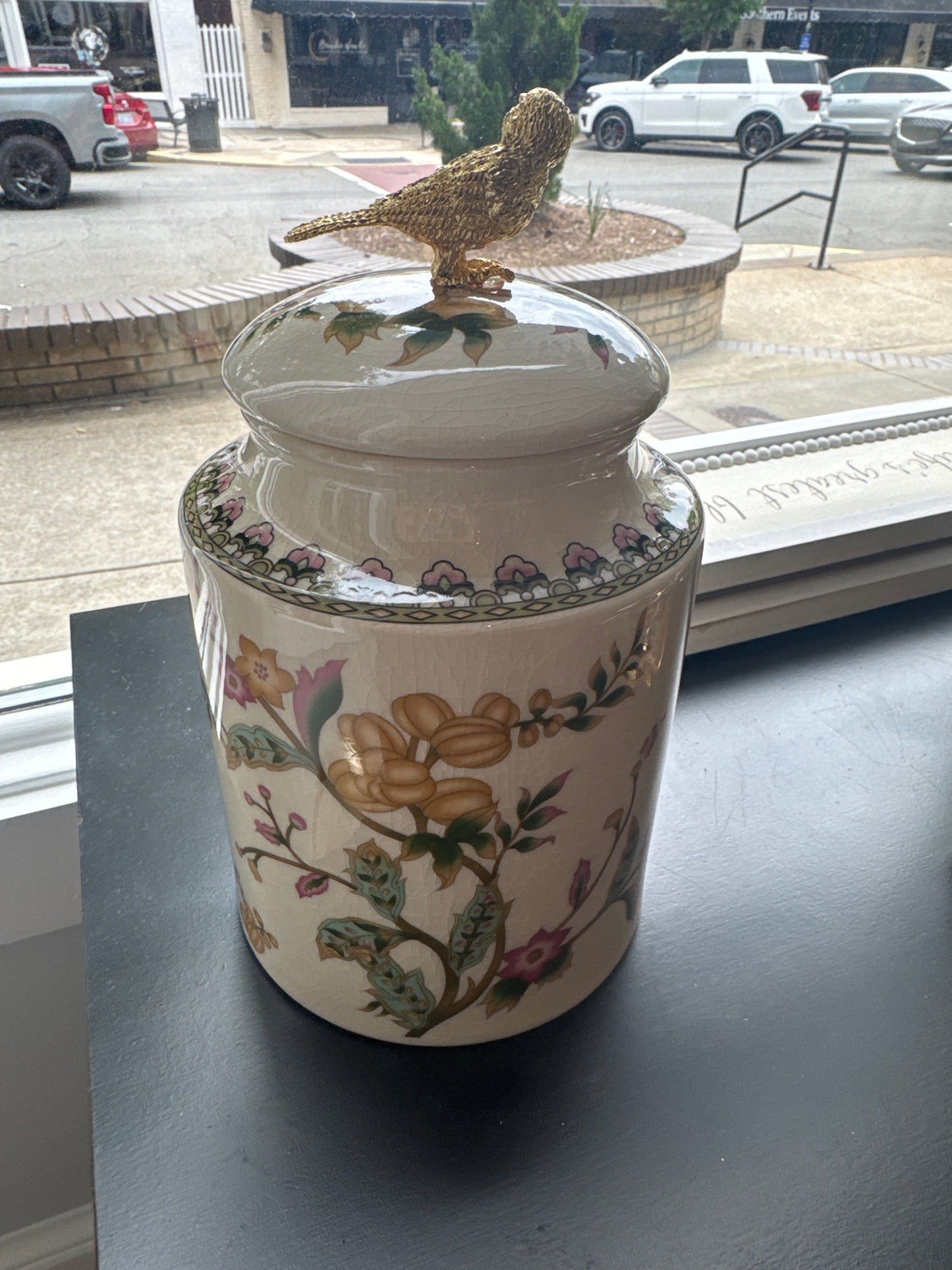 Large Botanical w/Gold Bird Jar