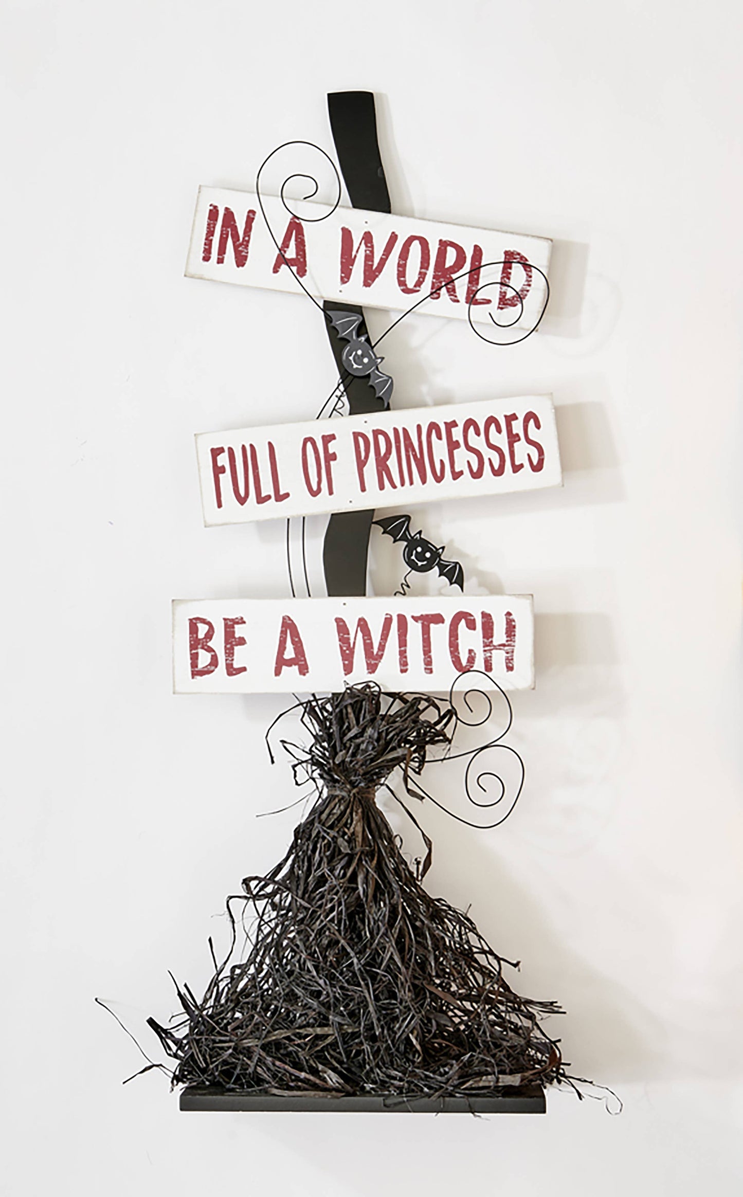 32" Floor Standing Halloween Witch Broom Wood Entry Sign