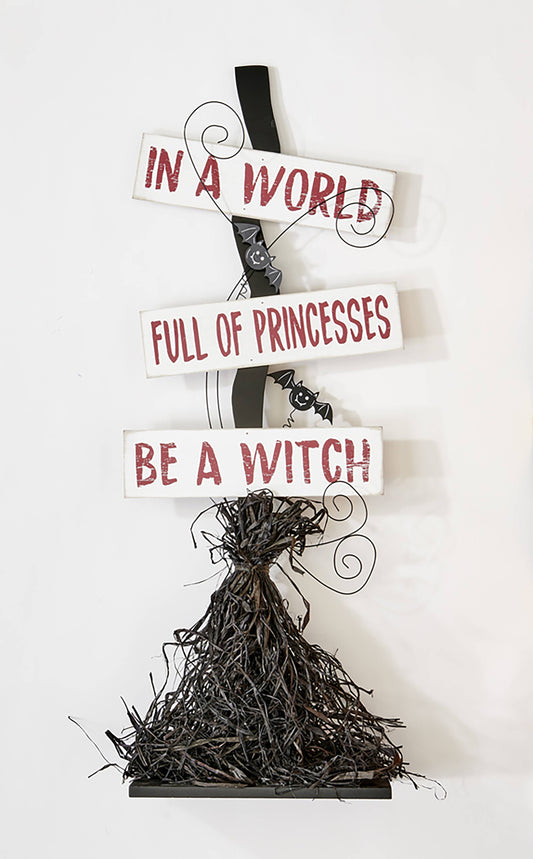 32" Floor Standing Halloween Witch Broom Wood Entry Sign