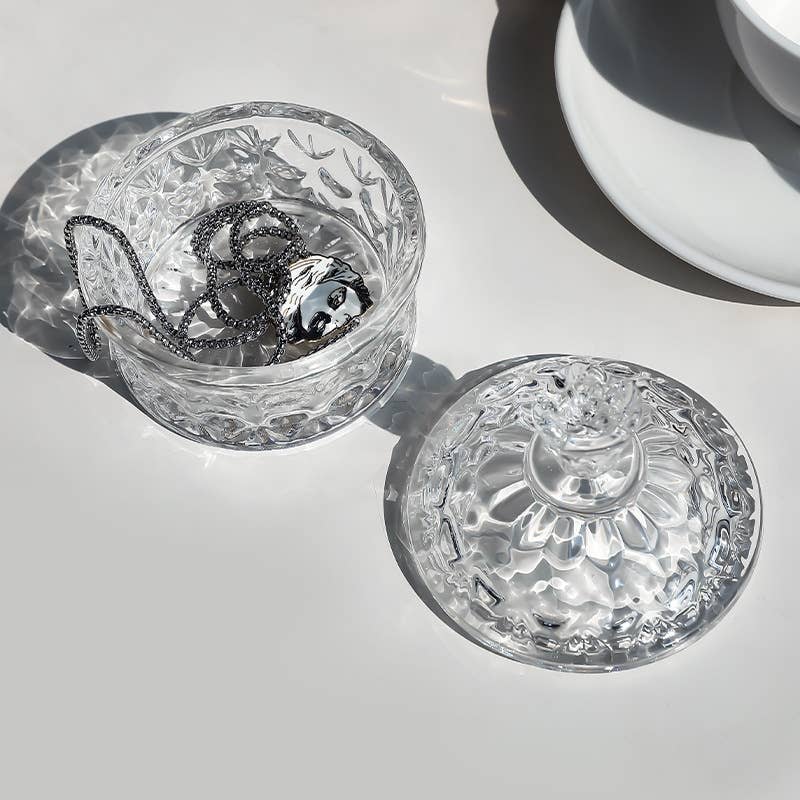 Clear Carved Glass  Storage Jar With Lid