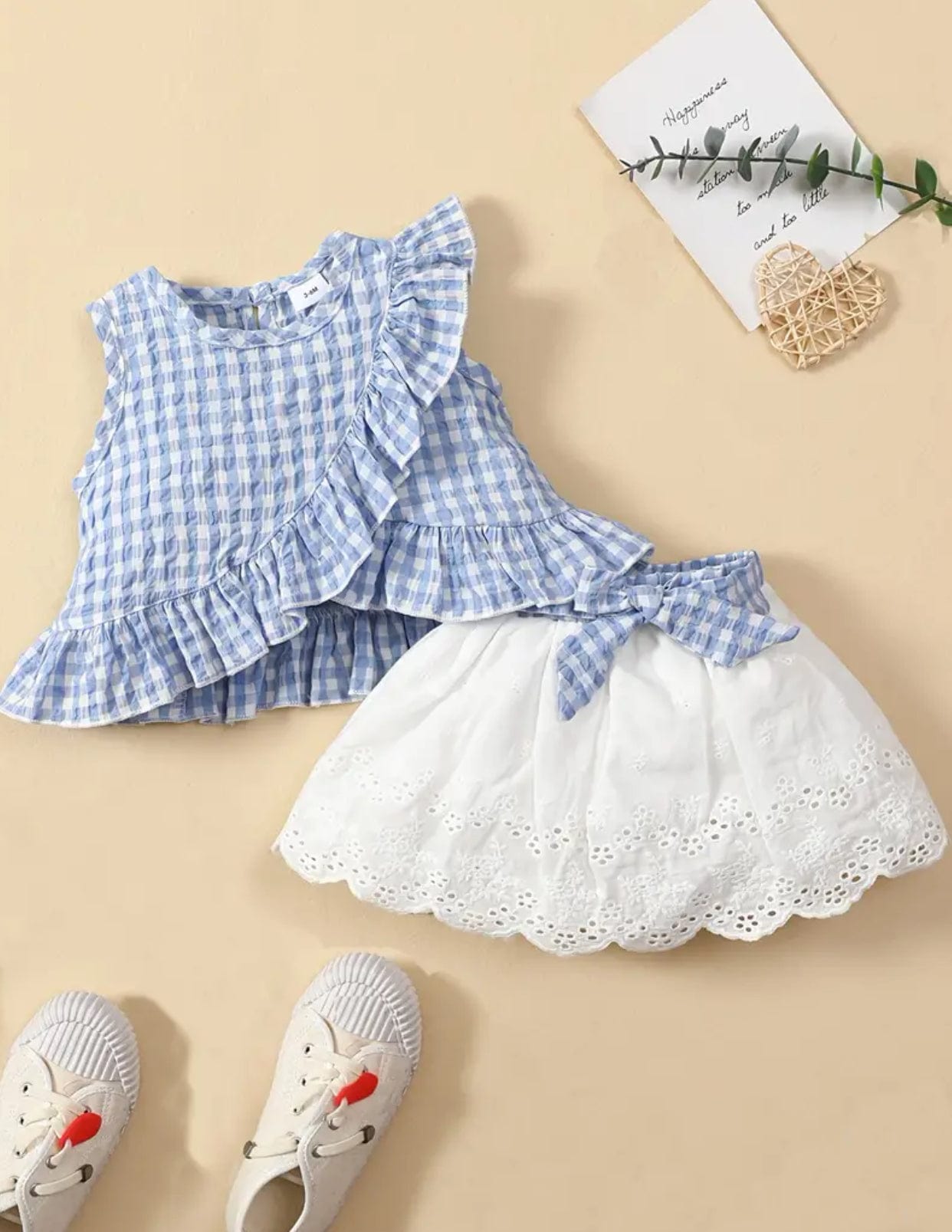 Ruffled Plaid Print Top and Lace Hem Skirt