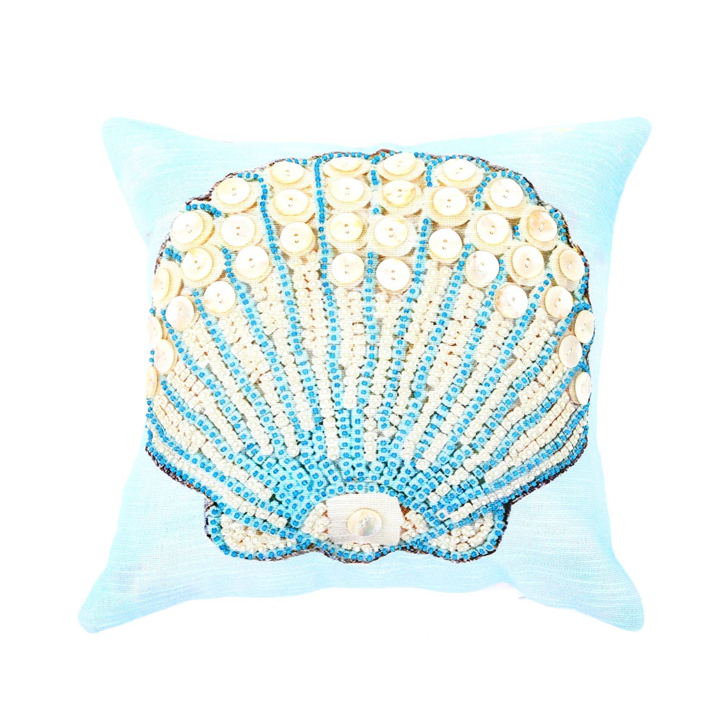 Print & Beadwork Seashell Pillow-Blue & Ivory 18"x18"