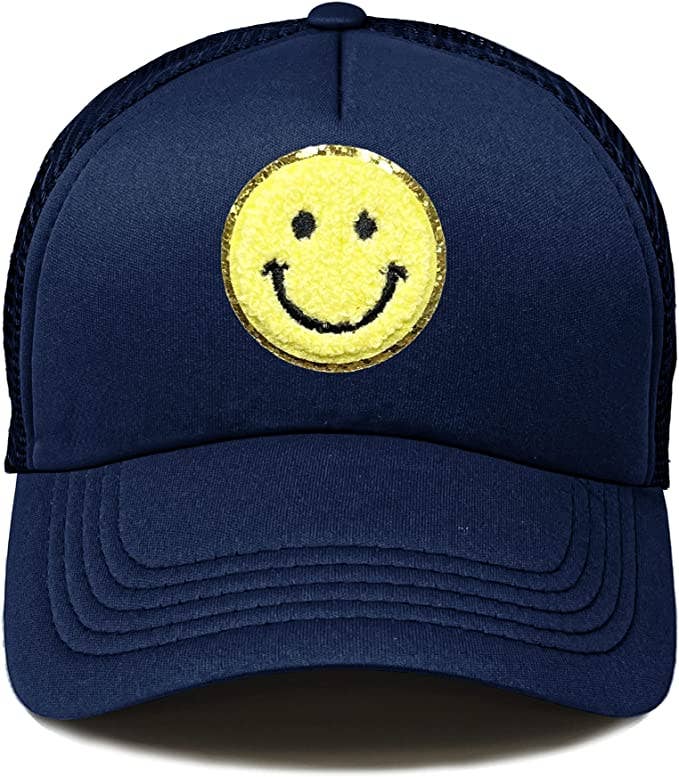 Kids Foam Trucker Hat - Smiley Chenille Patch (navy/yellow)