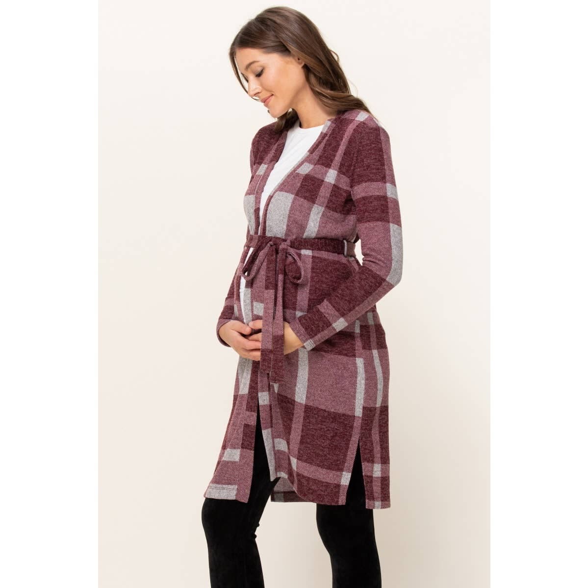 Plaid Maternity Knit Cardigan with Tie Belt