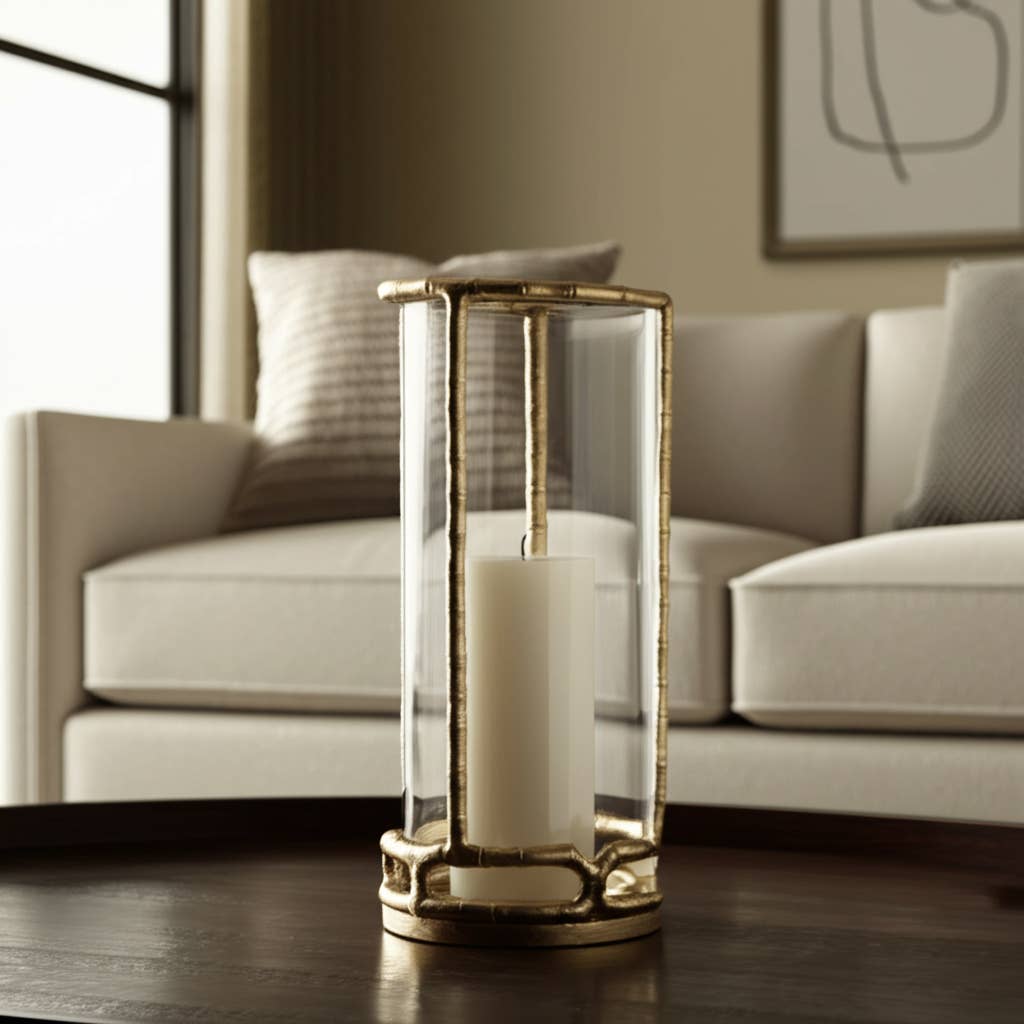 Metal Glass Modern Hurricane Candle Holder - Gold, 13 in.