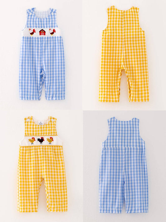 Farm Boys Turkey Plaid Woven Smocking Embroidered Romper