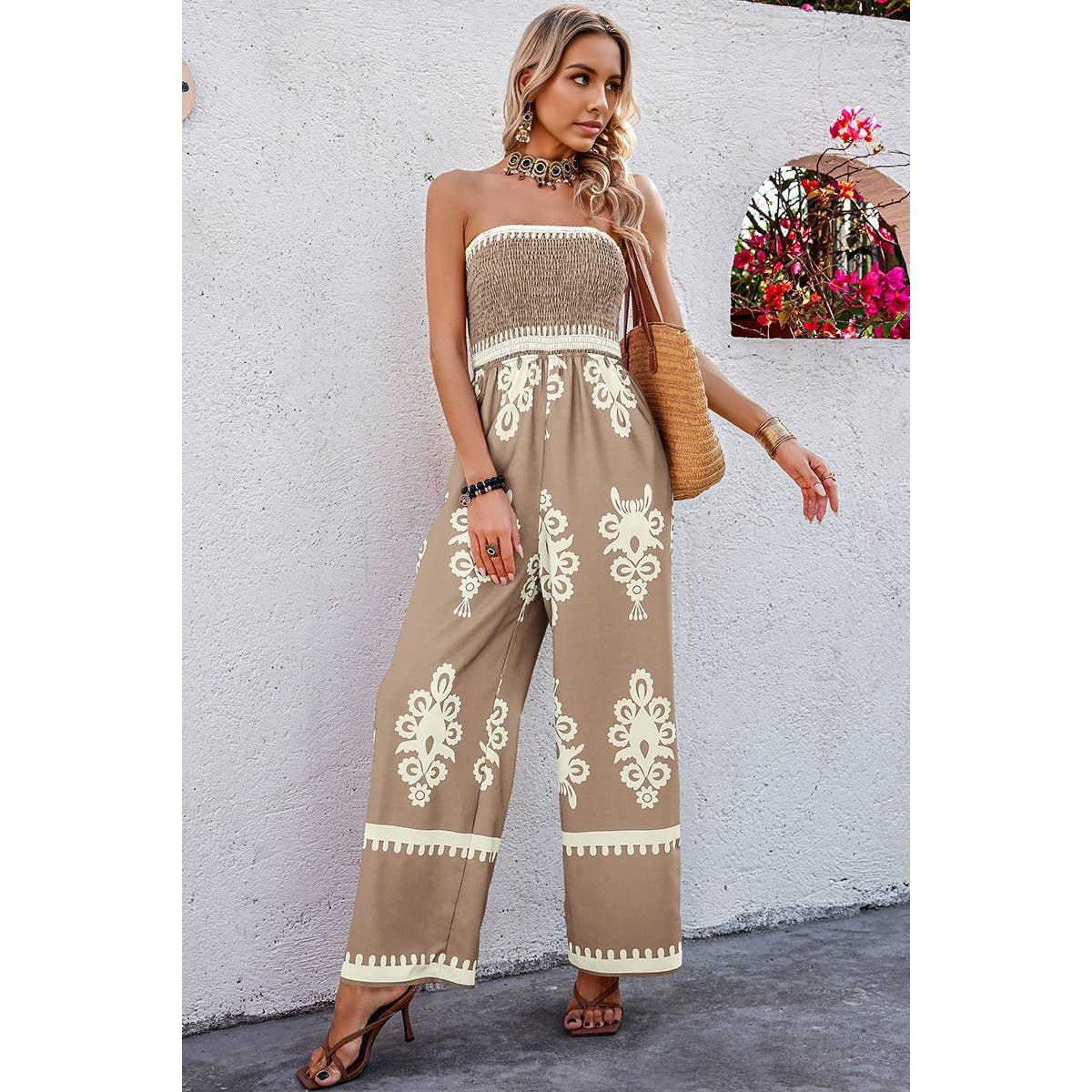 Off Shoulder Ruched Printed High Waist Jumpsuit