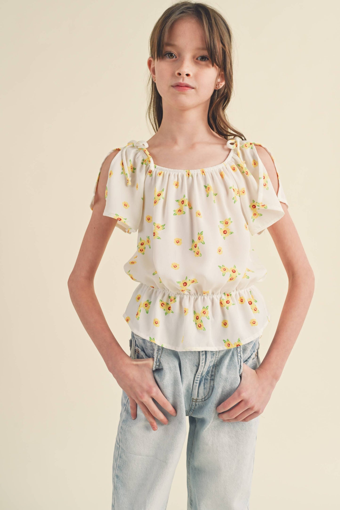 SPLIT SLEEVE PEPLUM TOP FLORAL KT2102IV (7-14)