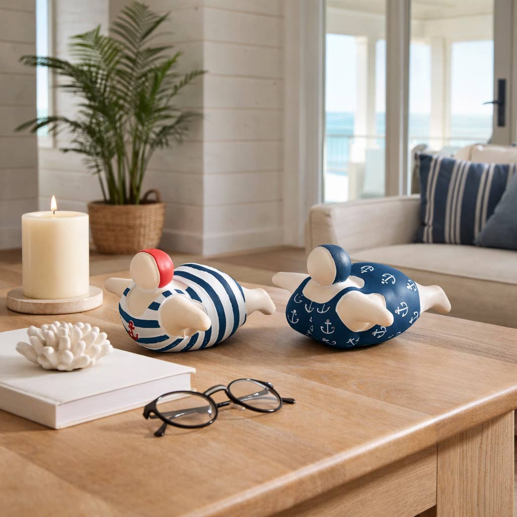 Figurines- Blue Ceramic Bathing Beauties, 7 in.