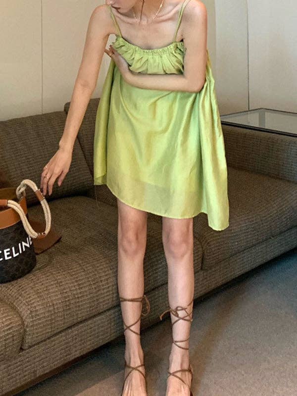 Loose Sleeveless Pleated Solid Color Spaghetti-Neck Mini Dresses Slip Dress
