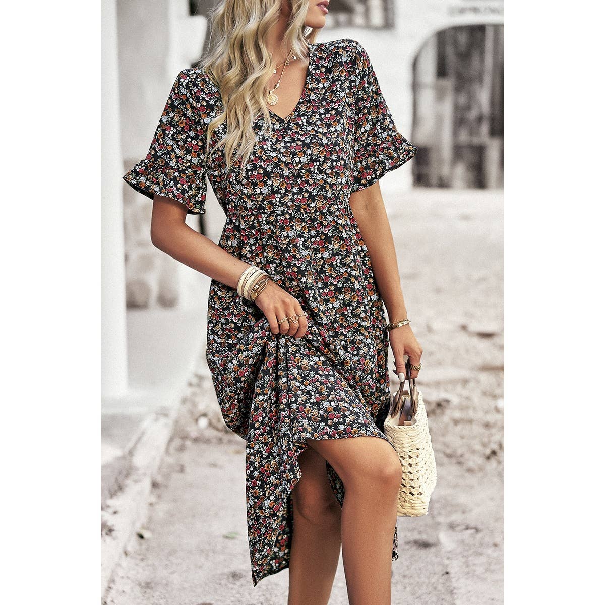 Floral Print Fit Ruffle Sleeve Midi Dress