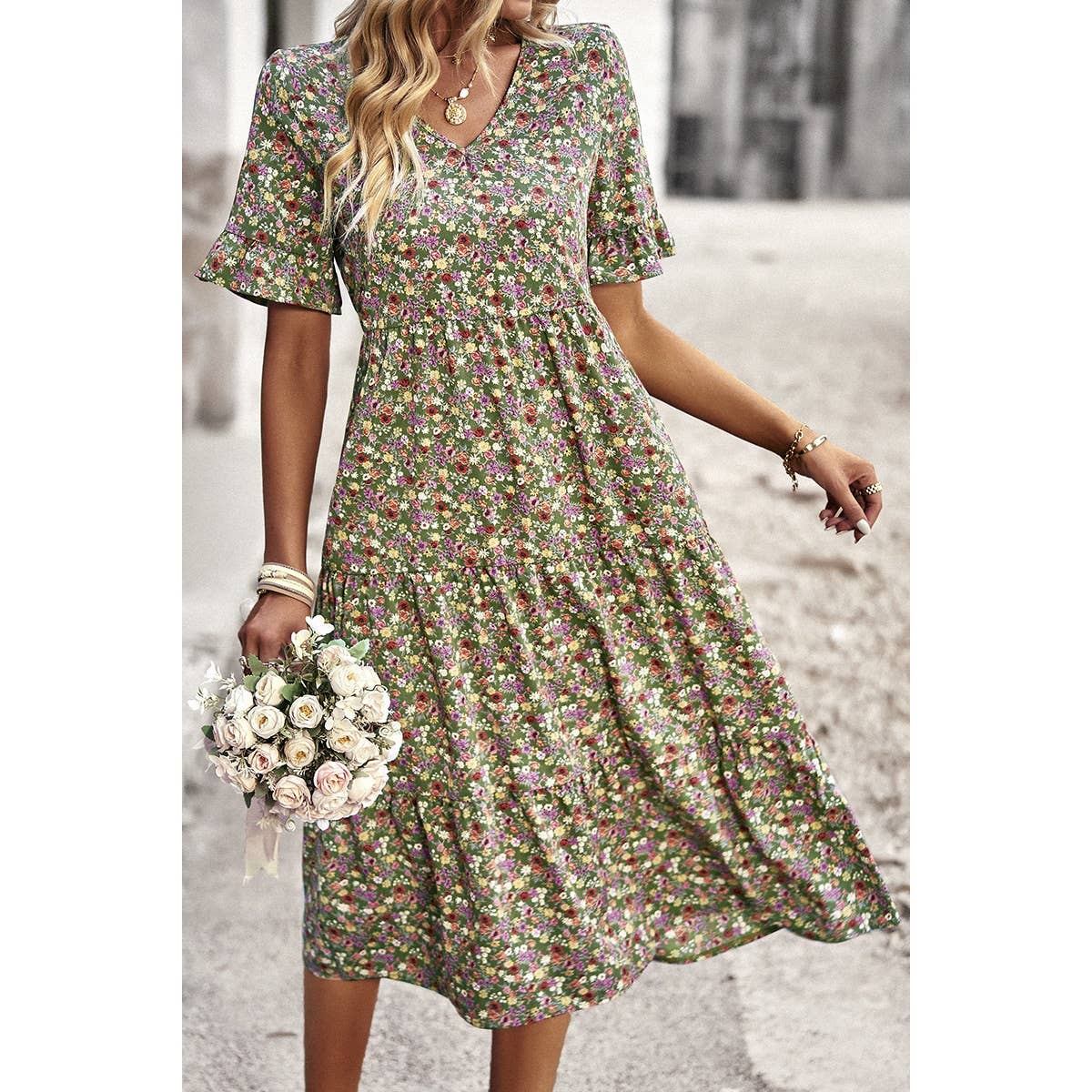 Floral Print Fit Ruffle Sleeve Midi Dress