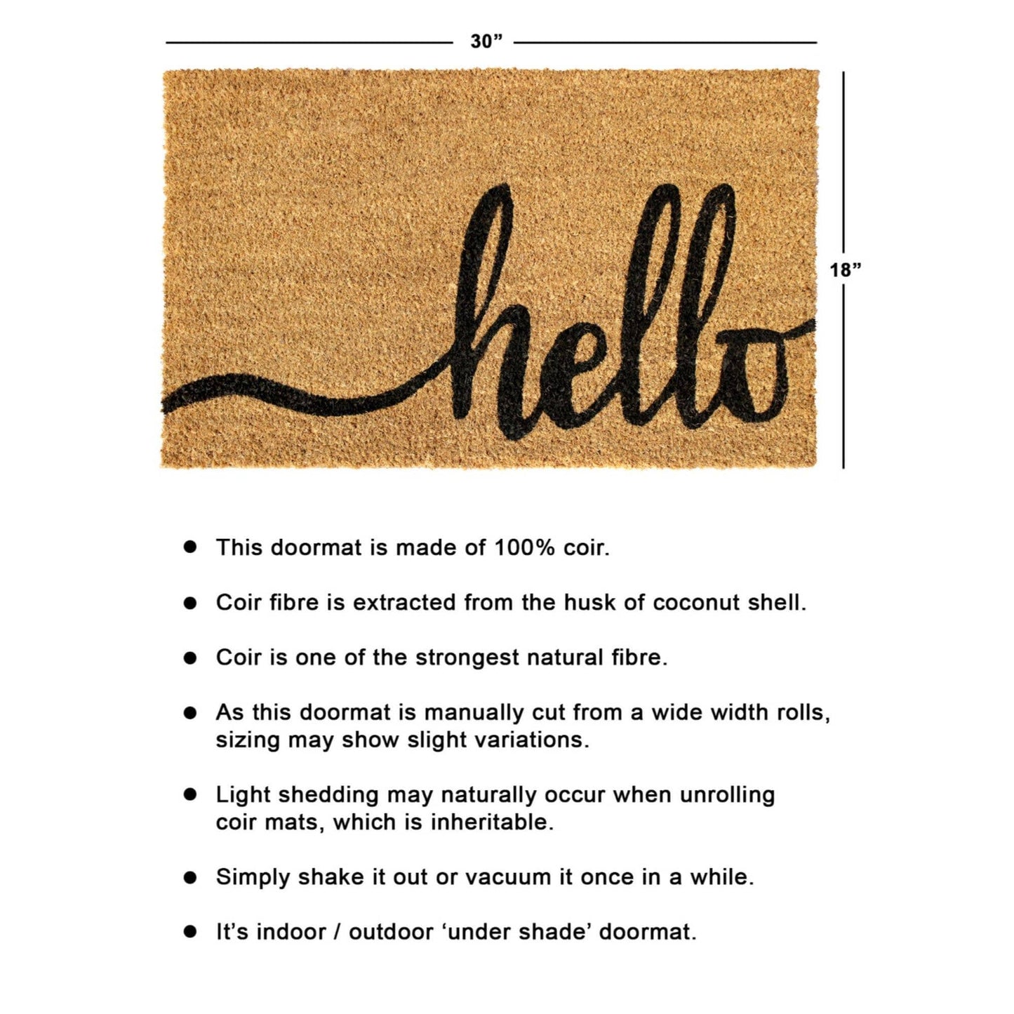Black Natural Hello Doormat, 18" x 30"