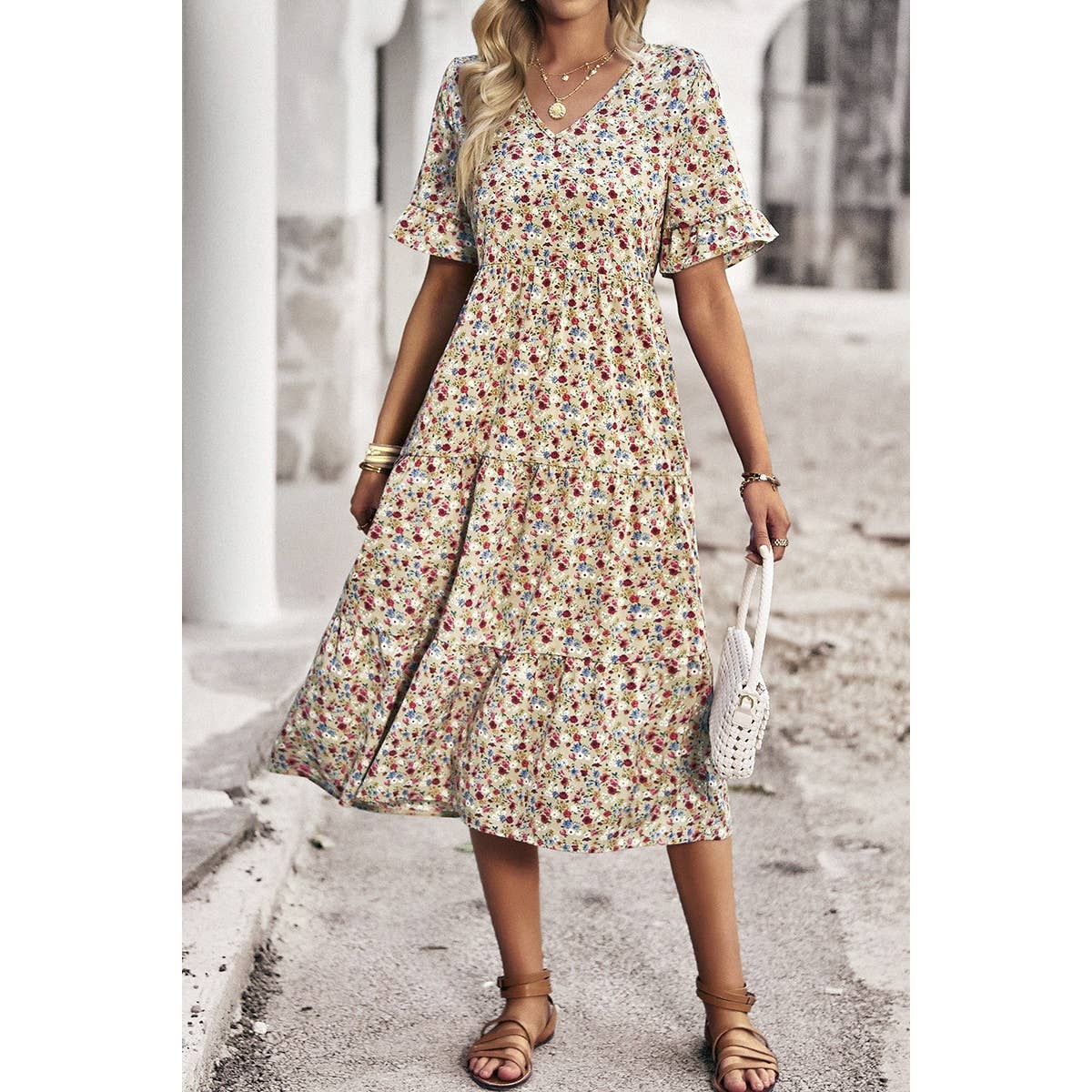 Floral Print Fit Ruffle Sleeve Midi Dress