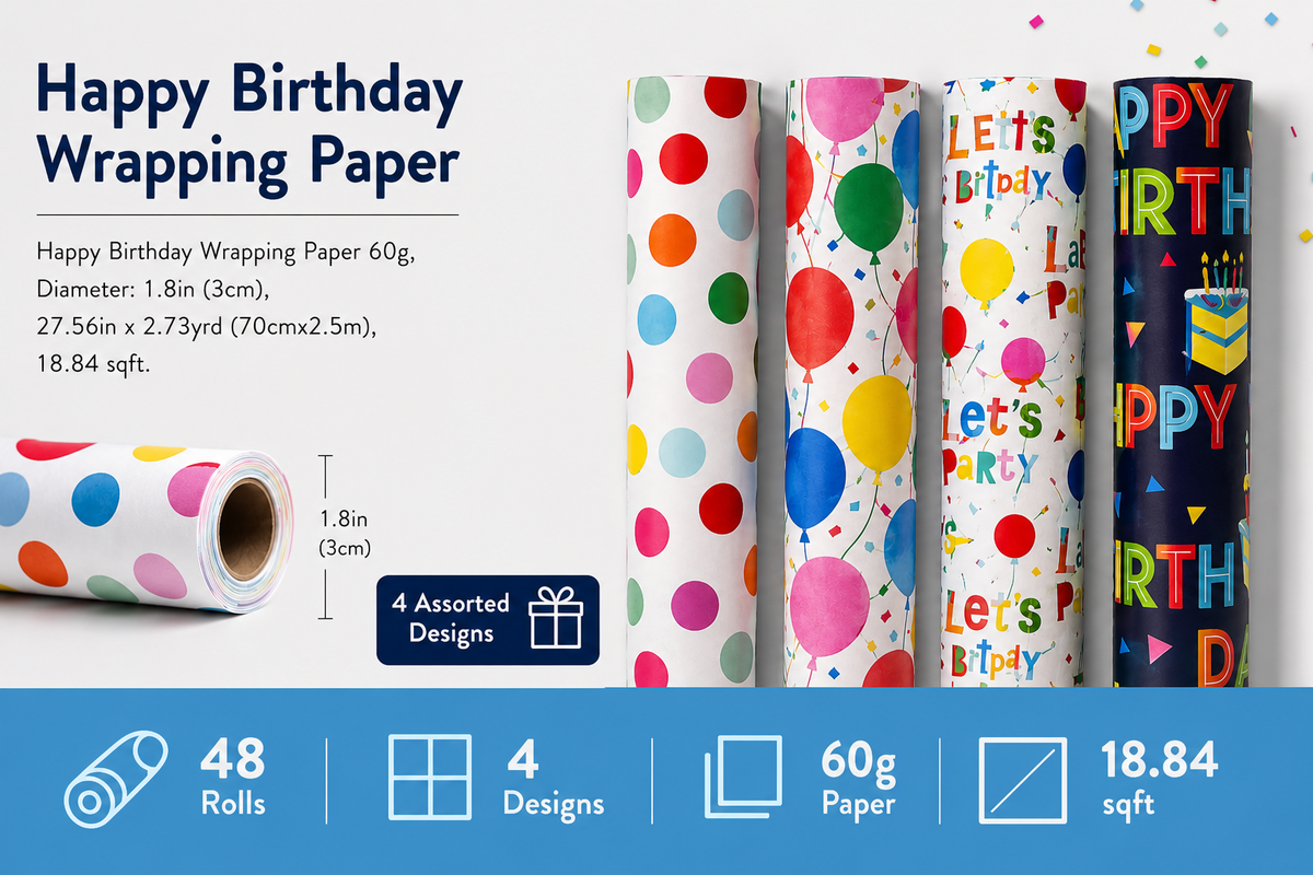 Happy Birthday Gift Wrapping Paper Rolls 48 Count