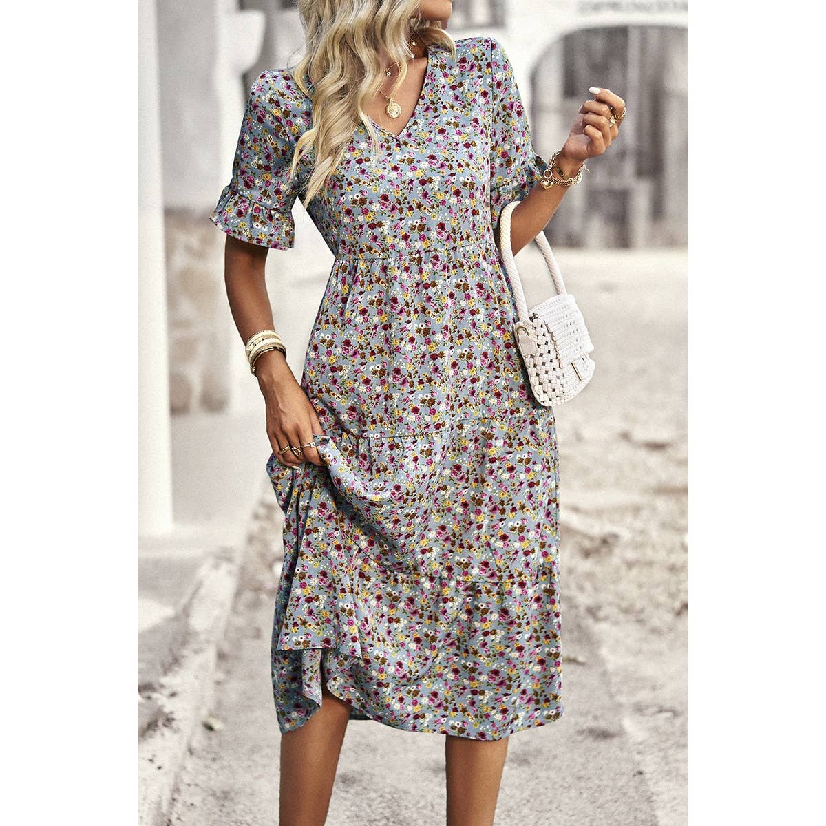 Floral Print Fit Ruffle Sleeve Midi Dress