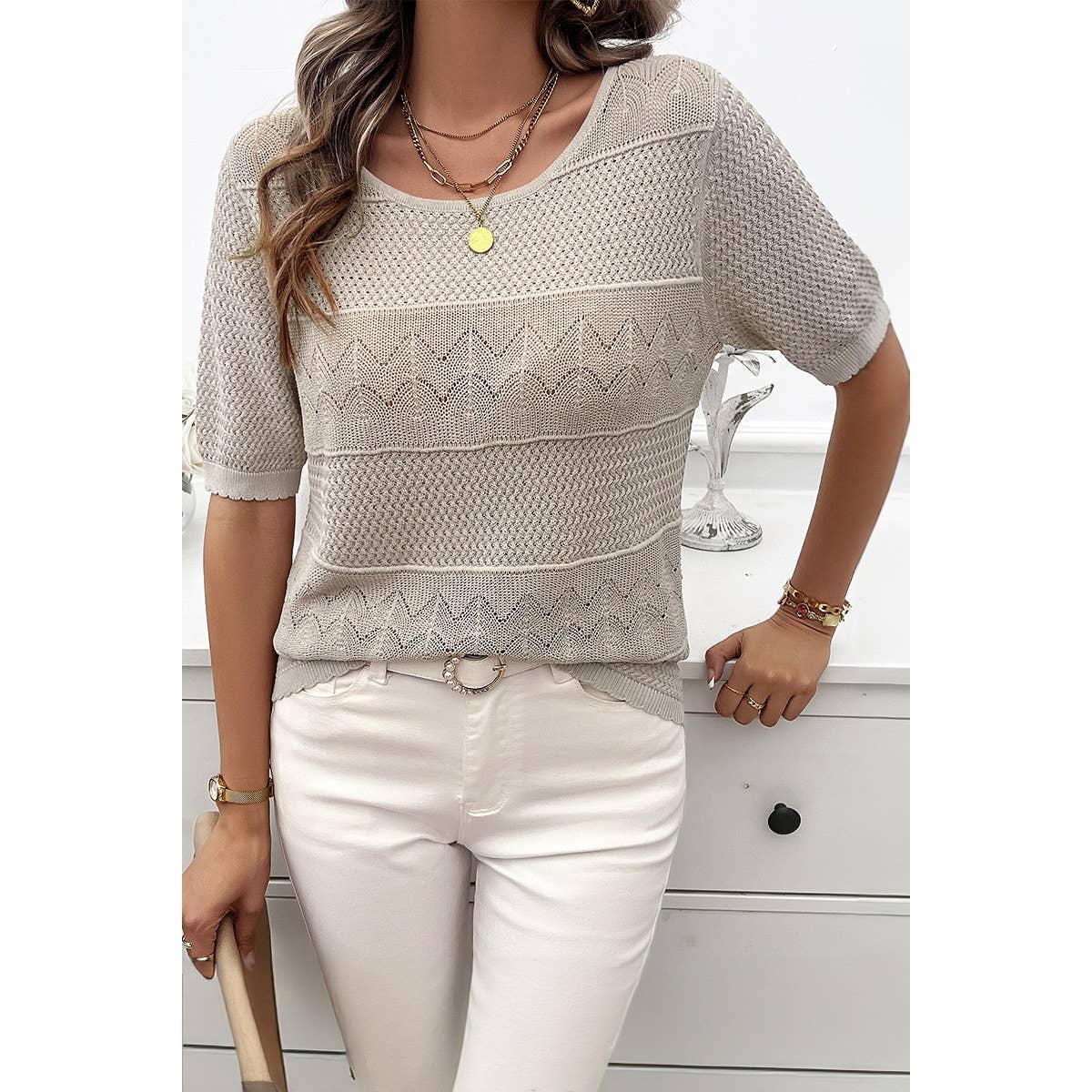 Crew Neck Hollow Lightweight Weaved Sweater Shirt
