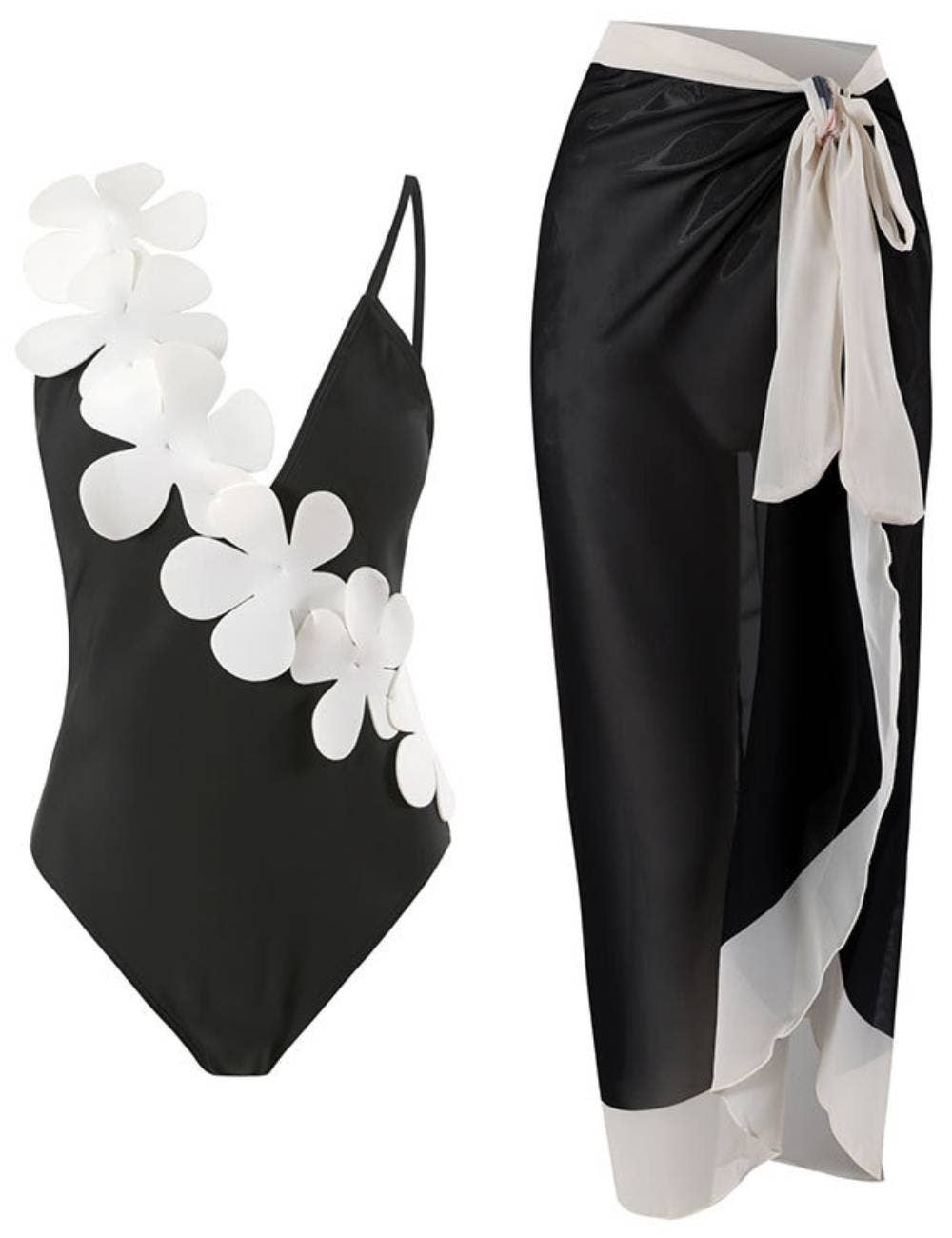 2PC Set Flower Shoulder One Piece Swimwear