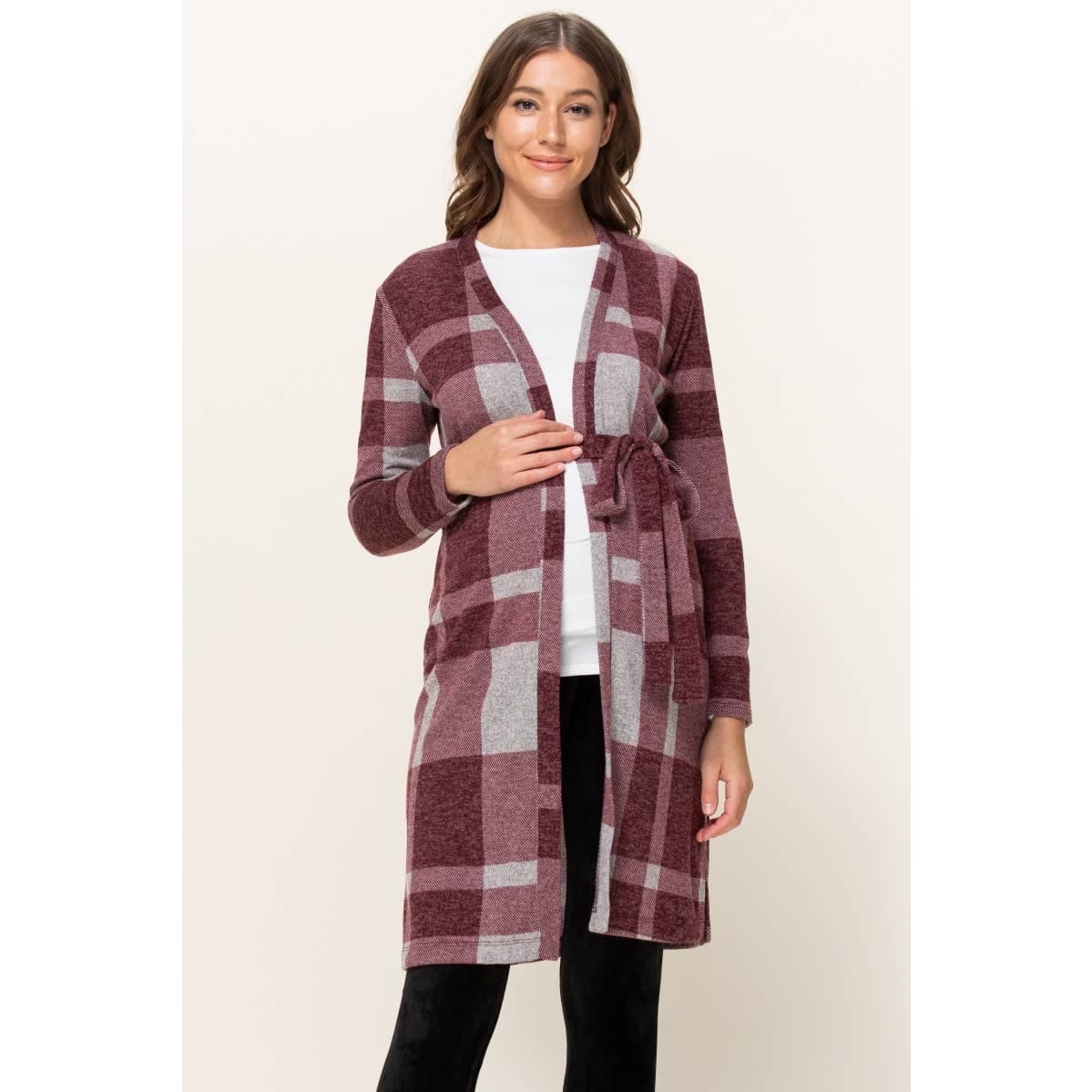 Plaid Maternity Knit Cardigan with Tie Belt