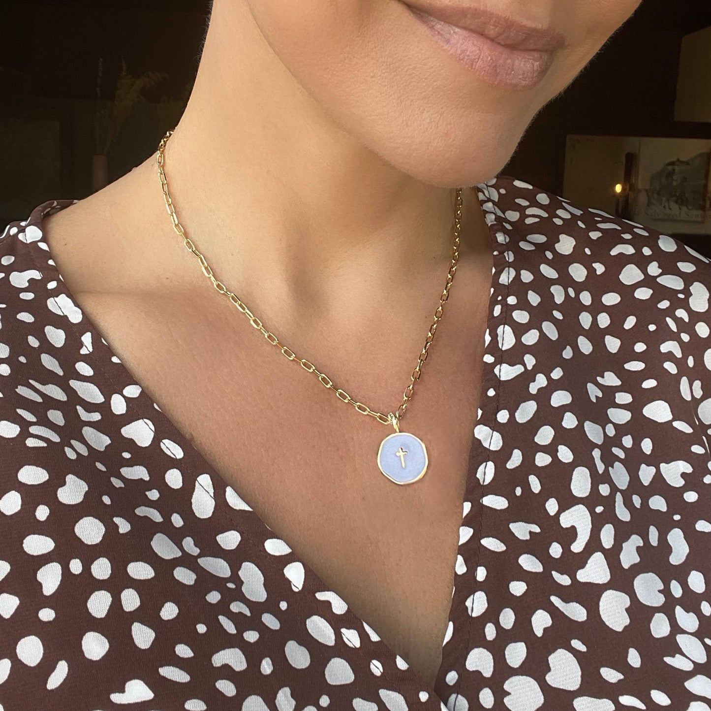 Faith Over Fear White Enamel Cross Pendant on Gold Chain