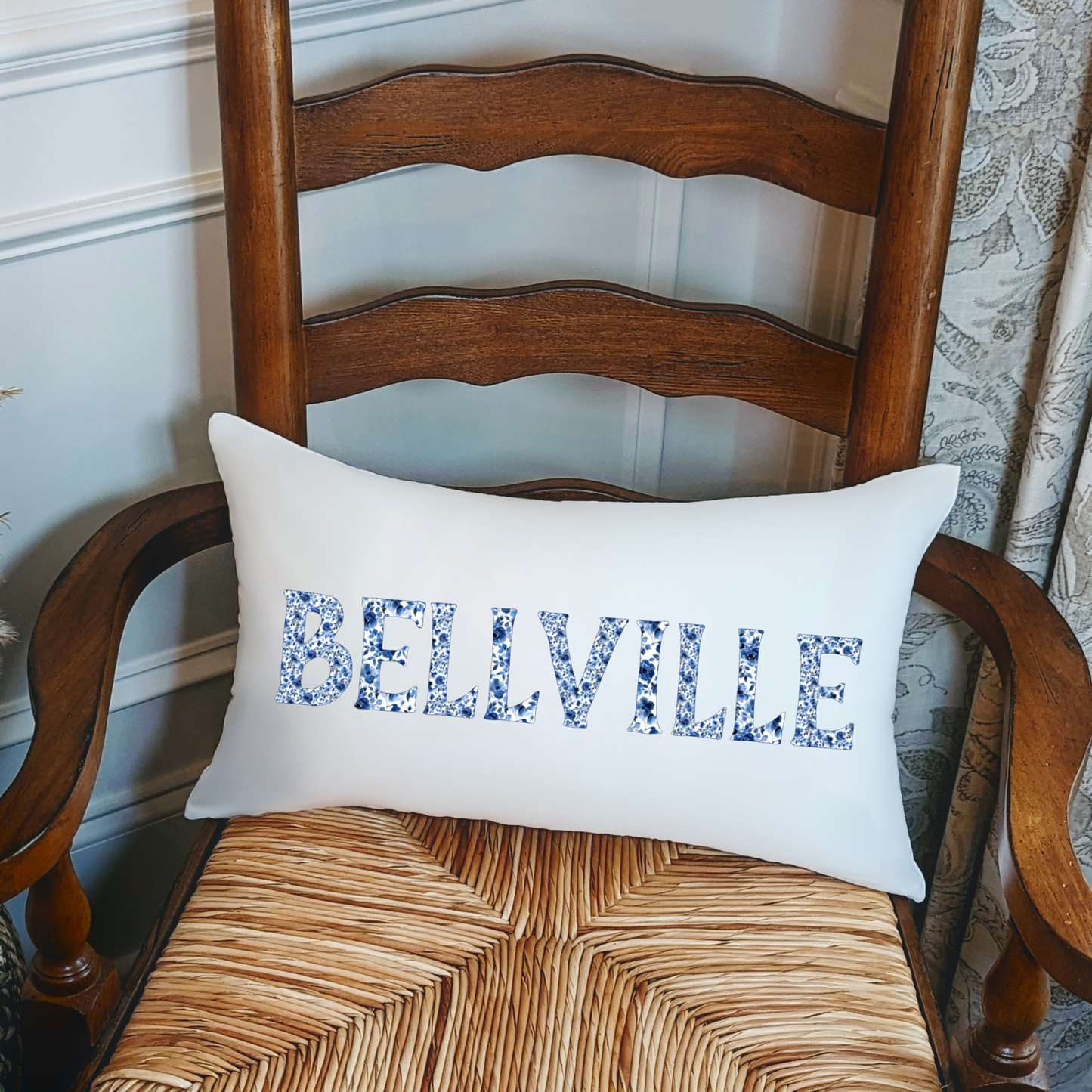 Chinoiserie Blue and White Floral Town Name Lumbar Pillow