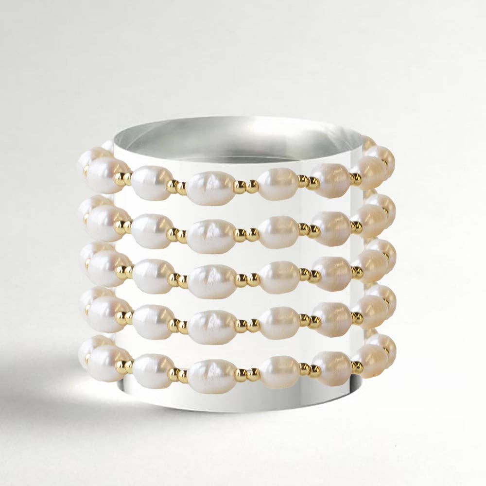 Tarnish Resistant Pearl & Gold Duo Beaded Stretch Bracelet