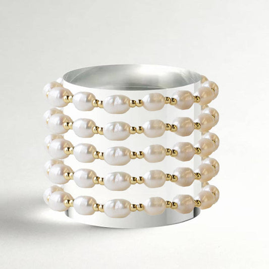 Tarnish Resistant Pearl & Gold Duo Beaded Stretch Bracelet